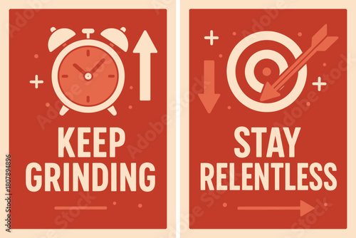 Motivational Banner Duo. Keep grinding. Two vertical A6 banners with safe margins, centered composition, no elements touching edges, flat vector design, red