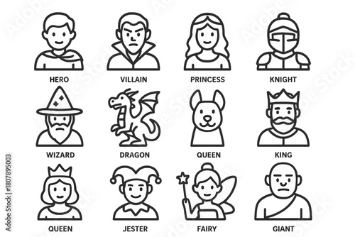 Story Character Icons. Story characters. Line icon set of story characters: hero, villain, princess, knight, wizard, dragon, animal companion, king, queen,