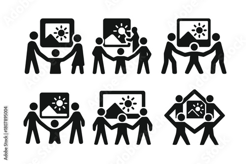 Community Mural Icons. A group of artists working together on a large community mural project. Icon set. Set Logo of Sketch Paper: Design planning. Negative