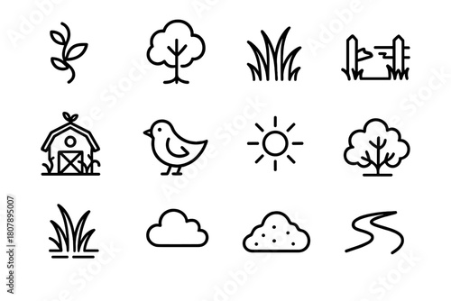 Nature's Return Icons. Nature Reclaiming Farmland. Line icon set of Nature Reclaiming Farmland: vine, tree, grass, broken fence, barn, bird, bush, sun, weed,