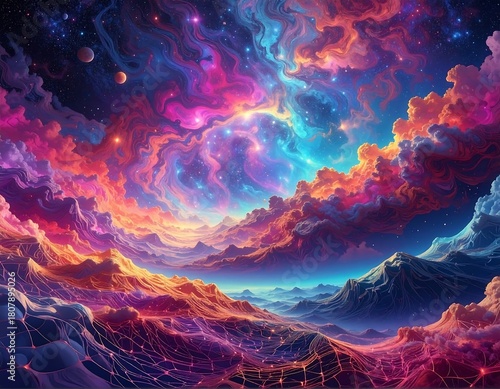 Vivid cosmic landscape with nebulas, mountains, and a digital network overlay