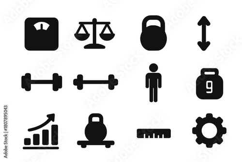 Weight Distribution Icons. Weight distribution. Solid icon set of Weight distribution: scale, balance, weight, dumbbell, barbell, ruler, measurement, person,