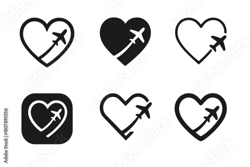 Distance Relationship Logos. Distance in relationship. Icon set. Set Logo of distance in relationship: airplane trail forming heart. harmonious logo variations