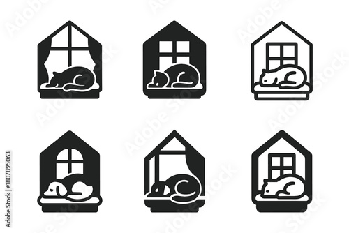 Pet-Friendly Logos. Pet-friendly home ideas. Icon set. Set Logo of pet-friendly home ideas: window seat with sleeping pet. harmonious logo variations of the