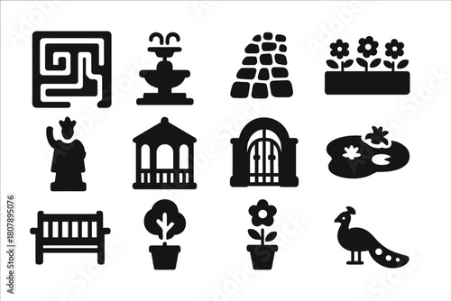 Palace Garden Icons. Palace gardens. Solid icon set of Palace gardens: hedge maze, fountain, stone path, flowerbed, royal statue, gazebo, arched gate, pond,