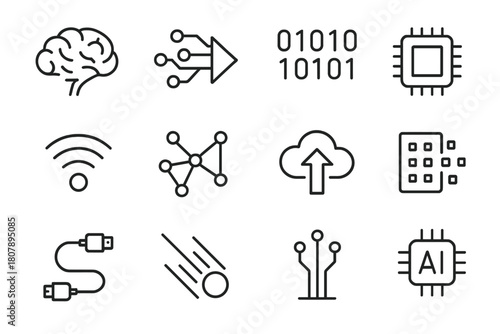 Neural Data Icons. Neural data transfer. Line icon set of neural data transfer: brain, circuit arrow, binary stream, chip, wireless signal, network nodes,