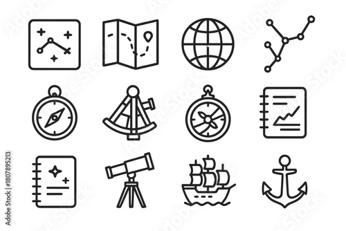 Navigational Icons Set. Navigational charts. Line icon set of navigational charts: star chart, map, globe, constellation, compass, sextant, astrolabe, chart,