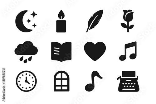 Poetic Icons Collection. Poetic Inspiration. Solid icon set of Poetic Inspiration: moon, stars, candle flame, feather, rose, rain cloud, book page, heart,