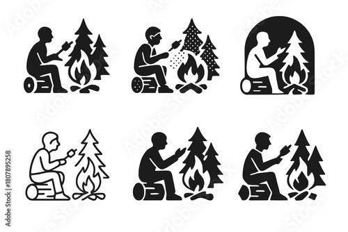 Campfire Logo Variations. A person sitting by a campfire in the woods, roasting marshmallows and telling stories. Icon set. Set Logo of A person sitting by a