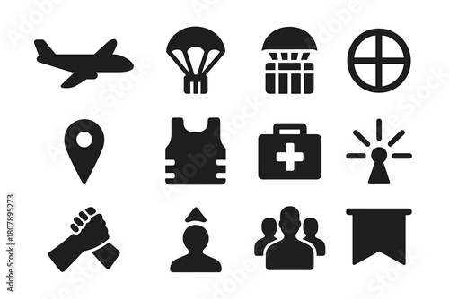 Battle Royale Icons. Battle Royale. Solid icon set of Battle Royale: drop plane, parachute, loot crate, circle zone, map marker, armor plate, medkit, ping