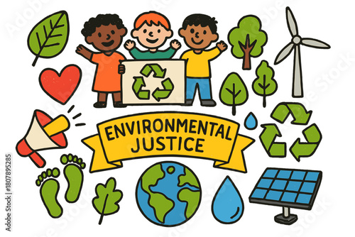 Environmental Justice Art. Environmental justice. Colorful Hand-drawn doodle Children illustration Environmental justice green earth, recycle arrows, protest
