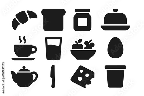 Continental Breakfast Icons. Continental breakfast. Solid icon set of continental breakfast: croissant, toast, jam jar, butter dish, coffee cup, juice glass,