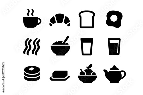 Breakfast Icon Set. Breakfast foods. Line icon set of Breakfast foods: fried egg, bacon, toast, pancake, cereal bowl, coffee cup, orange juice, croissant,