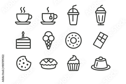Beverage and Dessert Icons. Beverage and desserts. Line icon set of Beverage and desserts: coffee cup, tea cup, smoothie, milkshake, cake, ice cream, donut,