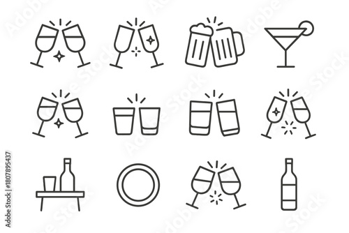 Clinking Glass Icon Set. Glass clink. Line icon set of glass clink: wine glass, champagne flute, beer mug, cocktail glass, martini glass, shot glass, whiskey