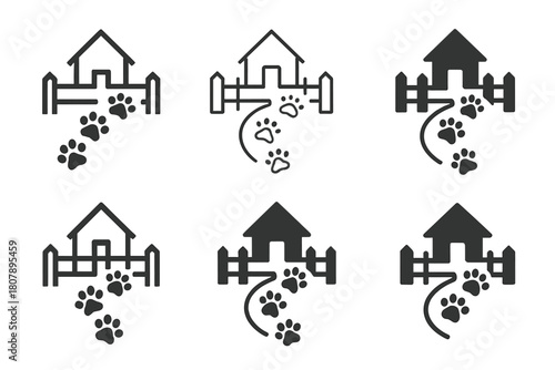 Pet-Friendly Home Icons. Pet-friendly home ideas. Icon set. Set Logo of pet-friendly home ideas: pet bed and blanket corner. harmonious logo variations of the