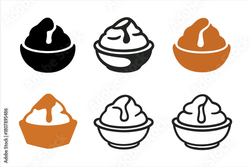 Mashed Potato Logos. Mashed potato mound. Icon set. Set Logo of mashed potato mound: serving spoon scooping mashed potatoes. harmonious logo variations of the