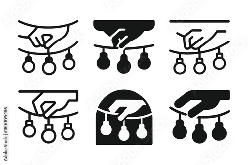 Outdoor Fairy Lights Logos. Setting up outdoor fairy lights. Icon set. Set Logo of setting up outdoor fairy lights: cozy terrace lighting. harmonious logo