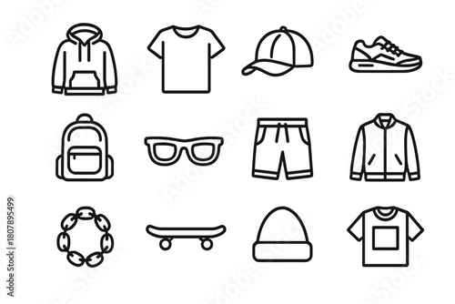 Streetwear Icon Set. Streetwear. Line icon set of streetwear: hoodie, T-shirt, cap, sneakers, backpack, sunglasses, shorts, jacket, chain, skate, beanie,