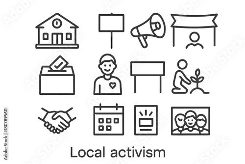 Local Activism Icons. Local activism. Line icon set of Local activism: community hall, protest sign, megaphone, ballot box, volunteer, banner, handshake,