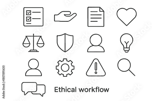 Ethical Workflow Icons. Ethical workflow. Line icon set of Ethical workflow: checklist, hand, document, scale, shield, heart, user profile, gear, light bulb,