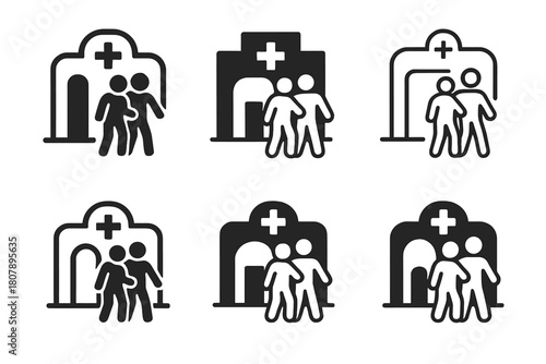 Doctor Visit Icons. Taking a friend to the doctor. Icon set. Set Logo of Taking a friend to the doctor: Prescription handoff. harmonious logo variations of the