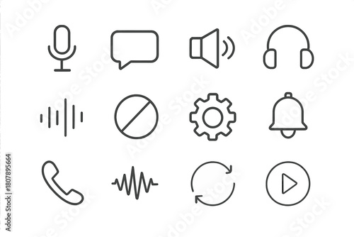 Voice Assistant Icons. Voice assistant commands. Line icon set of Voice assistant commands: microphone, chat bubble, speaker, headphones, sound wave, command