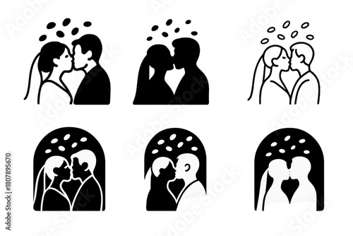 Wedding Kiss Icons. Wedding Kiss Under Confetti. Icon set. Set Logo of Wedding Kiss: confetti heart explosion over couple. harmonious logo variations of the