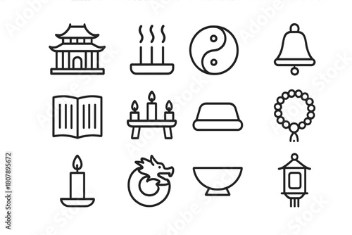 Taoist Ritual Icons. Taoism rituals. Line icon set of Taoism rituals: temple, incense, yin-yang symbol, bell, scripture, altar, meditation mat, prayer beads,