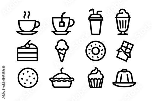 Beverage and Dessert Icons. Beverage and desserts. Line icon set of Beverage and desserts: coffee cup, tea cup, smoothie, milkshake, cake, ice cream, donut,