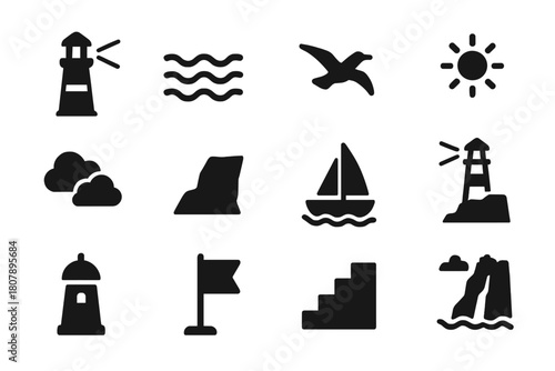 Coastal Beacon Icons. Coastal Beacon. Solid icon set of Coastal Beacon: lighthouse tower, light beam, waves, rocky coast, seagull, sun, clouds, cliff, boat,
