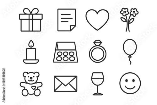Thoughtful Surprise Icons. Thoughtful surprise. Line icon set of Thoughtful surprise: gift box, handwritten note, heart, flowers, candle, chocolates, ring,
