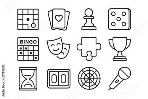 Game Icons Grid. Games and activities. Line icon set of games and activities: board game, playing cards, chess piece, dice, bingo card, theater mask, puzzle