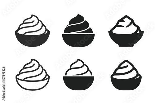 Mashed Potato Icons. Mashed potato mound. Icon set. Set Logo of mashed potato mound: swirl-patterned mashed potatoes served in a bowl. harmonious