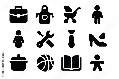 Work and Family Icons. Work & Family. Solid icon set of Work & Family: briefcase, apron, baby stroller, man, woman, tools, tie, high heel, cooking pot, sports