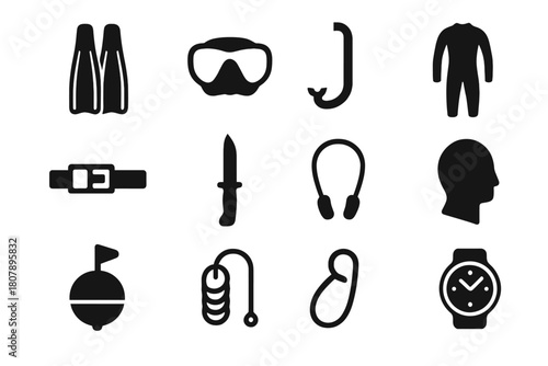 Freediving Gear Icons. Freediving gear. Solid icon set of Freediving gear: long fins, low-volume mask, snorkel, wetsuit, weight belt, dive knife, nose clip,
