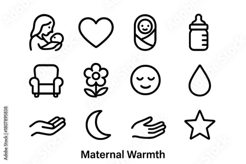 Maternal Icon Set. Maternal Warmth. Line icon set of Maternal Warmth: mother, baby, heart, blanket, bottle, chair, flower, smile, droplet, hand, moon, star.