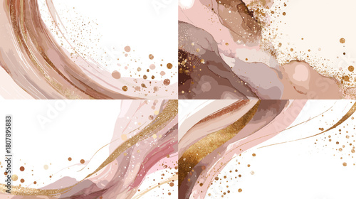 Elegant abstract art with flowing rose and beige brush strokes, gold splashes, and soft texture. Luxurious modern background perfect for invitations, branding, and decorative design.