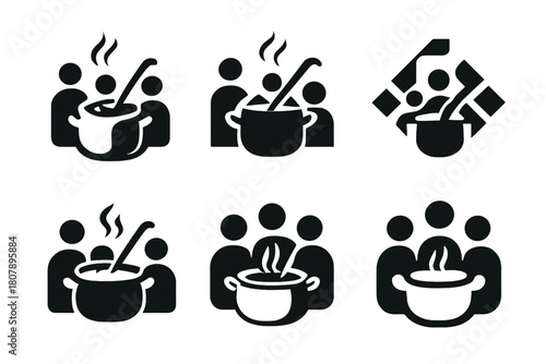 Family Meal Logos. Sharing a family meal. Icon set. Set Logo of sharing a family meal: cooking pot shared between hands. harmonious logo variations of the same