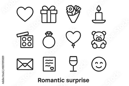 Romantic Surprise Icons. Romantic surprise. Line icon set of Romantic surprise: heart, gift box, flowers, candle, chocolates, ring, balloon, teddy bear,