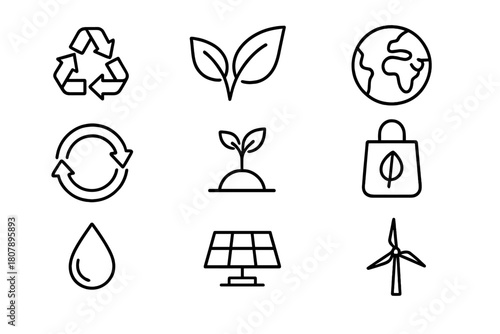 Sustainability Icons Set. Sustainability and Recycling. Line icon set of Sustainability and Recycling: recycle symbol, leaf, earth globe, reuse arrows, plant