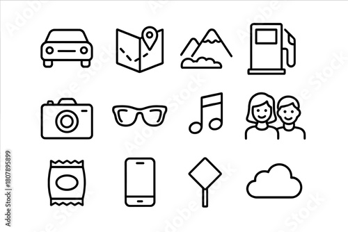 Road Trip Icons. Road trip memories. Line icon set of road trip memories: car, map, mountain, gas station, camera, sunglasses, music note, friends, snack bag,