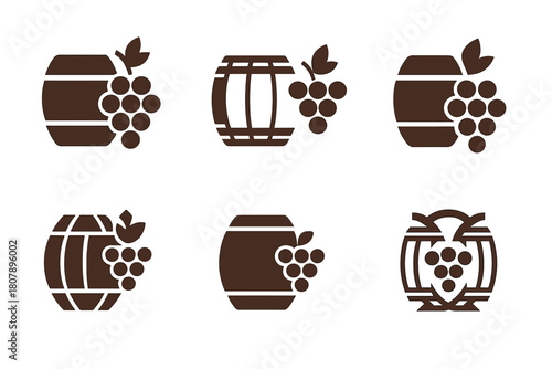 Alcoholic Drink Logos. Alcoholic Beverages. Icon set. Set Logo of Alcoholic Drinks: wine barrel and grapes. harmonious logo variations of the same emblematic