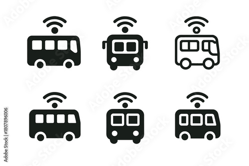 Autonomous Transport Logos. autonomous public transport. Icon set. Set Logo of autonomous public transport: sensor-equipped minibus. harmonious logo variations