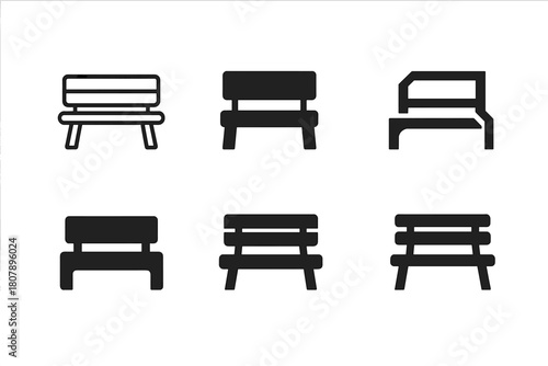 Harmonious Bench Logos. Empty bench. Icon set. Set Logo of empty bench: park bench. harmonious logo variations of the same emblematic concept, each with