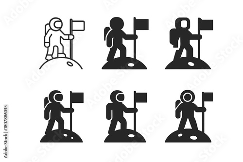 Lunar Mission Logos. Lunar exploration and moon missions. Icon set. Set Logo of Lunar Exploration: astronaut planting flag on the moon. harmonious logo