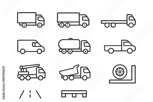 Truck Transport Icons. Truck transport. Line icon set of truck transport: cargo truck, semi-trailer, flatbed, delivery van, fuel tanker, pickup truck, crane
