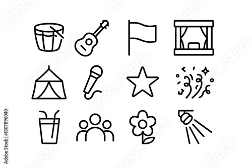 Cultural Festival Icons. Cultural Festival. Line icon set of Cultural Festival: drum, guitar, flag, stage, tent, microphone, star, confetti, drink, crowd,