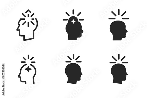 Radiant Thought Icon Showcase. Flash of brilliance. Icon set. Set Logo of flash of brilliance: human head with radiant thought spark. harmonious logo