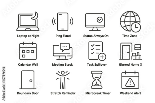 Remote Overwork Icons. Remote overwork patterns. Line icon set of remote overwork patterns: laptop at night, ping flood, status always on, time zone globe,